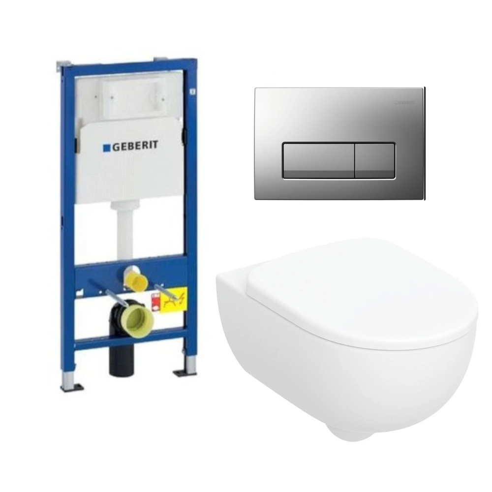 Комплект GRBERIT окачена тоалетна чиния Selnova  Premium Rimfree, структура за вграждане GEBERIT Duofix и бутон Delta20 хром